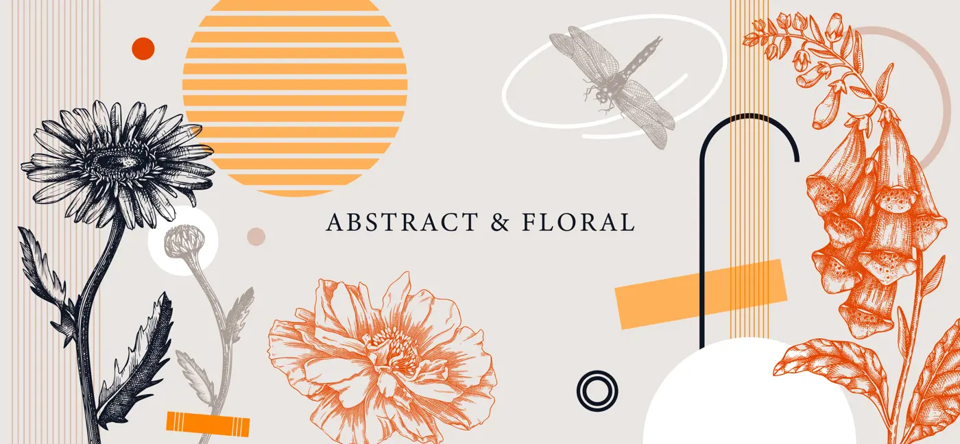 Collage style summer flowers vector illustration. Hand-sketched floral banner. Trendy design with botanical, geometric shapes, and abstract elements. For print, poster, card, social media, wall art. Illustration